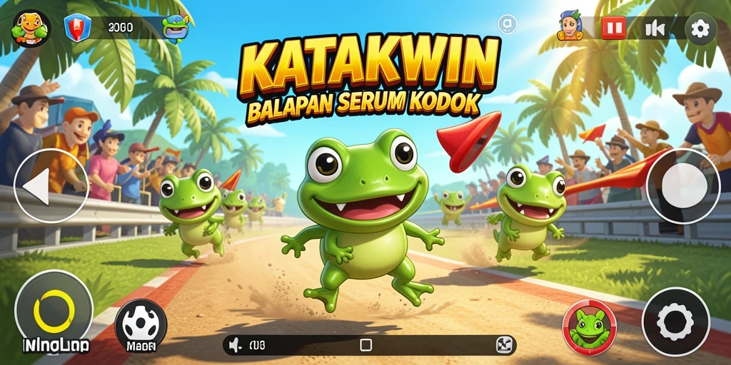 Gameplay KATAKWIN menampilkan balapan kodok yang seru dan menantang.