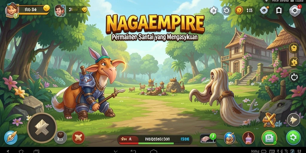 Tampilan gameplay NAGAEMPIRE yang ceria dan penuh warna.