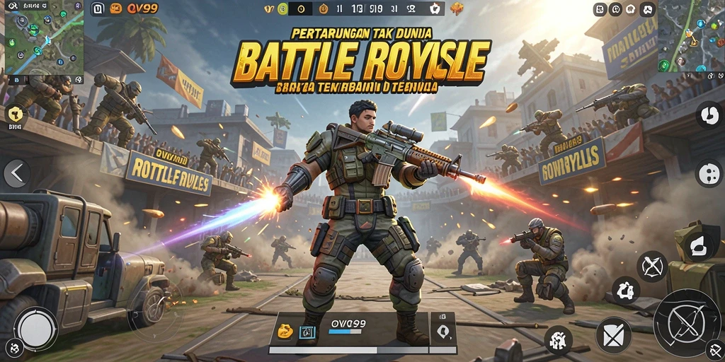 Screenshot utama OVO99 menampilkan intensitas gameplay Battle Royale yang mendebarkan.
