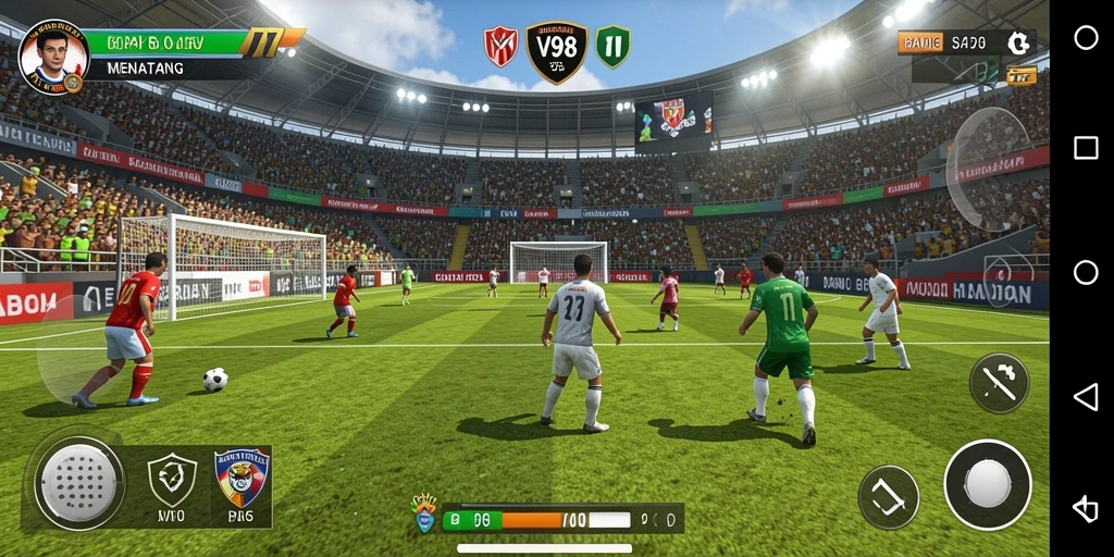 Tampilan gameplay seru dari V98 dengan tim sepak bola favorit.
